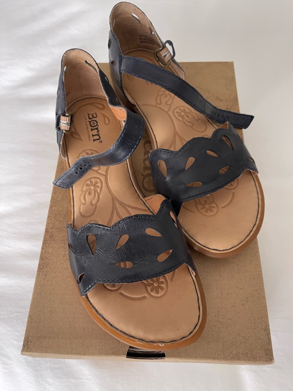 Born Navy Leather Cutout Slingback Sandals
